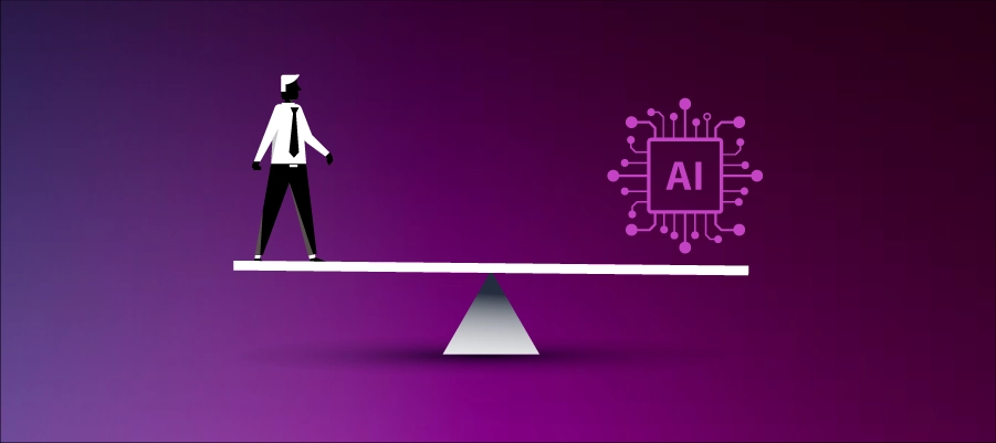 Image of life science manufacturing professional balancing against AI symbol.